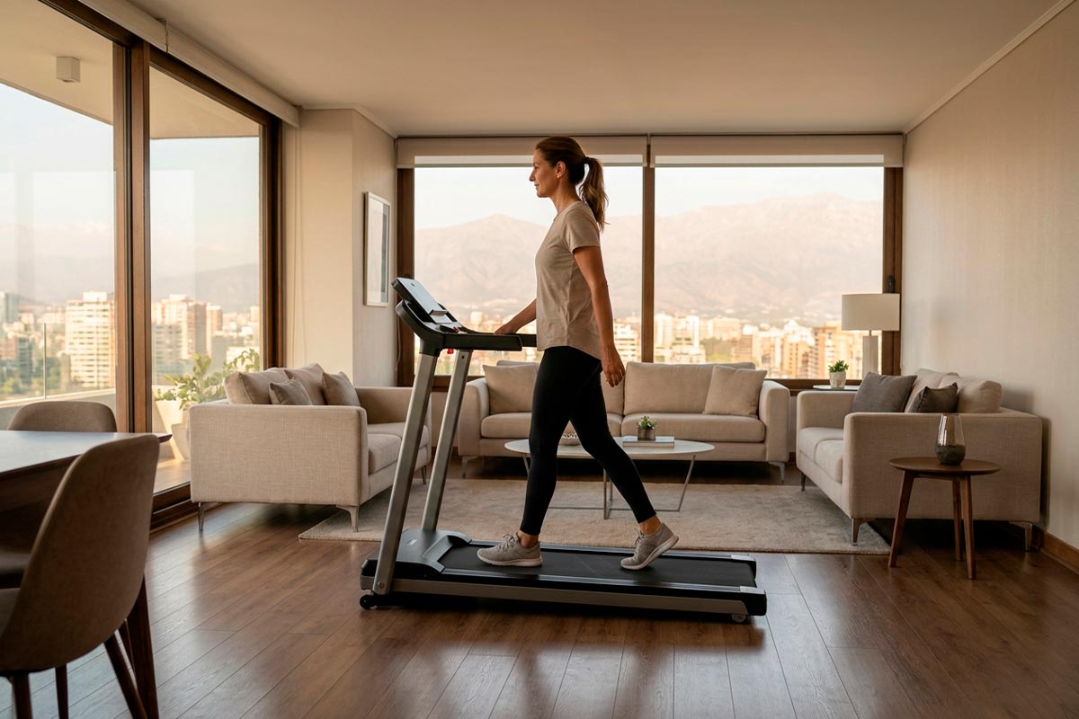 Persona utilizando una caminadora plegable para caminar en casa
