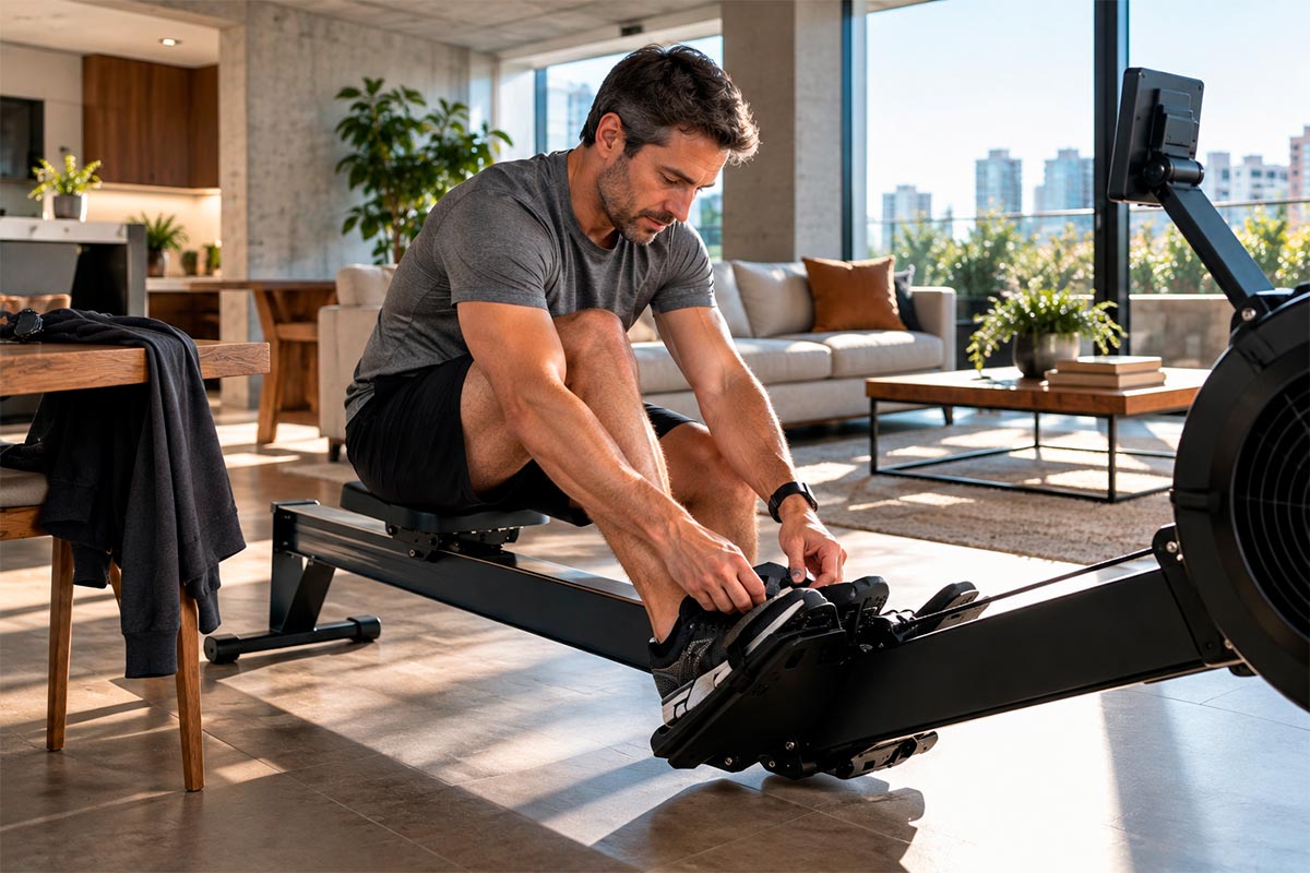 Adulto entrenando con una remadora indoor en un espacio doméstico moderno