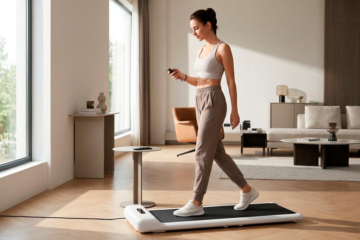 Persona utilizando el control remoto de una KingSmith WalkingPad C2 durante una caminata