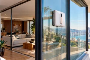 Robot limpiavidrios trabajando sobre un ventanal de una vivienda moderna Robot limpiavidrios trabajando sobre un ventanal de una vivienda moderna