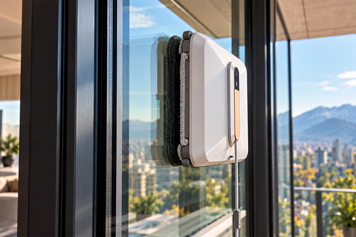 Robot limpiavidrios trabajando sobre una ventana moderna con marco y superficie de vidrio