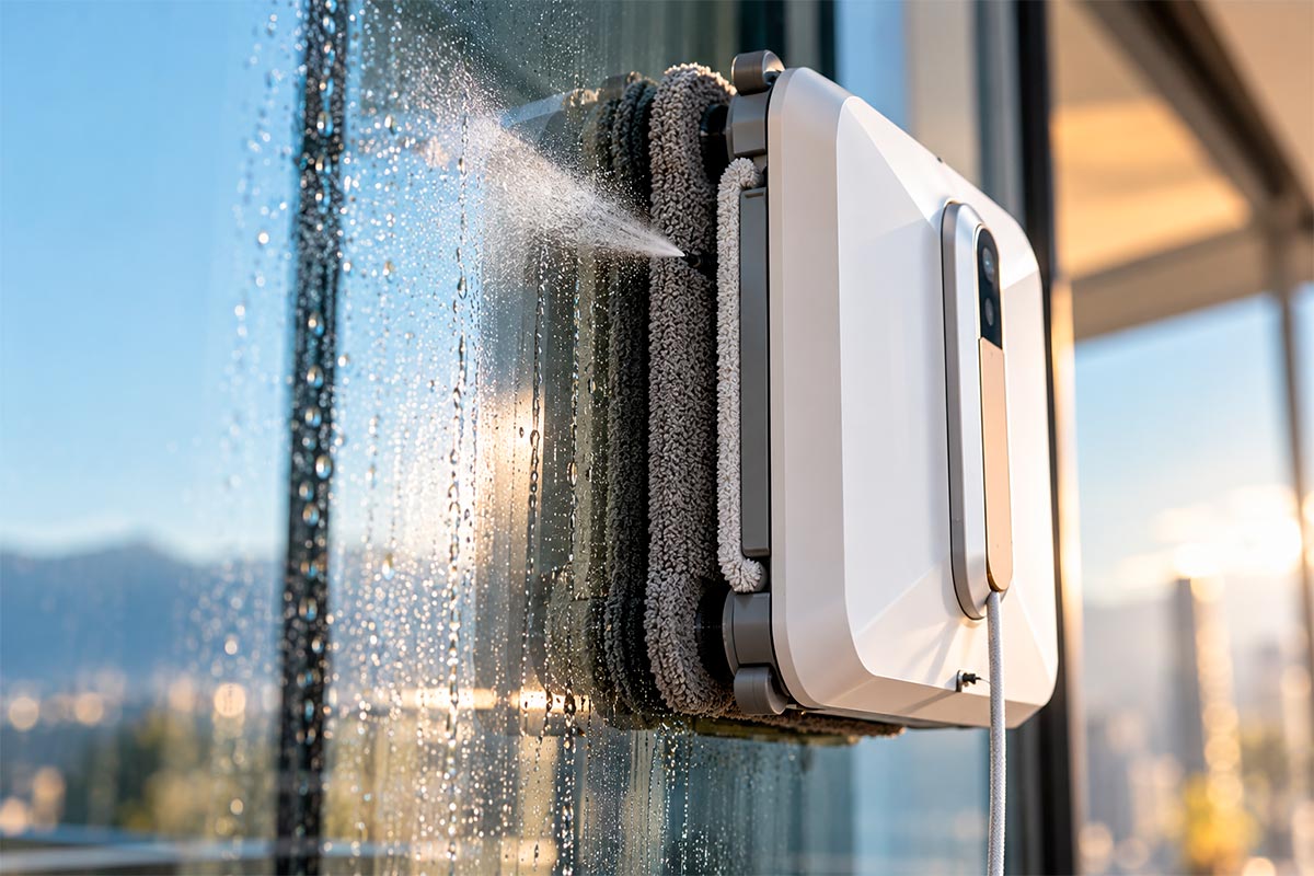Robot limpia vidrios utilizando un sistema de pulverización durante la limpieza de una ventana