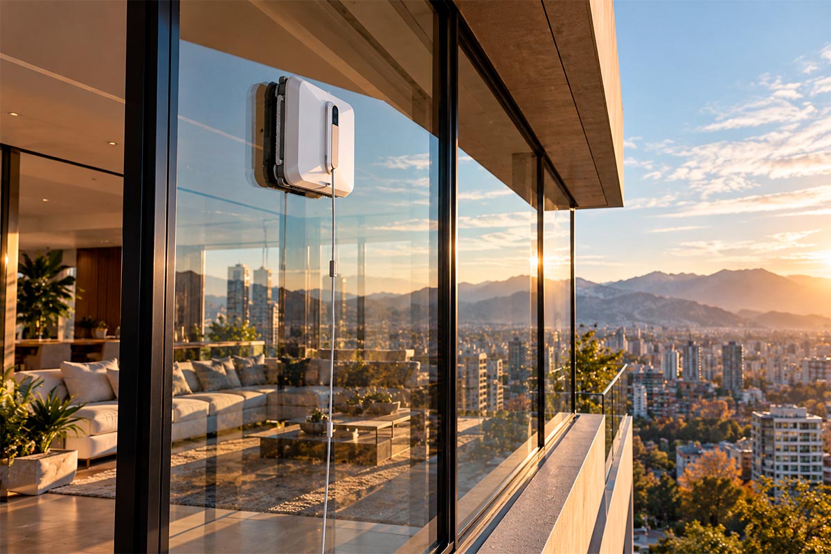 Robot limpia vidrios trabajando sobre un gran ventanal de una vivienda moderna